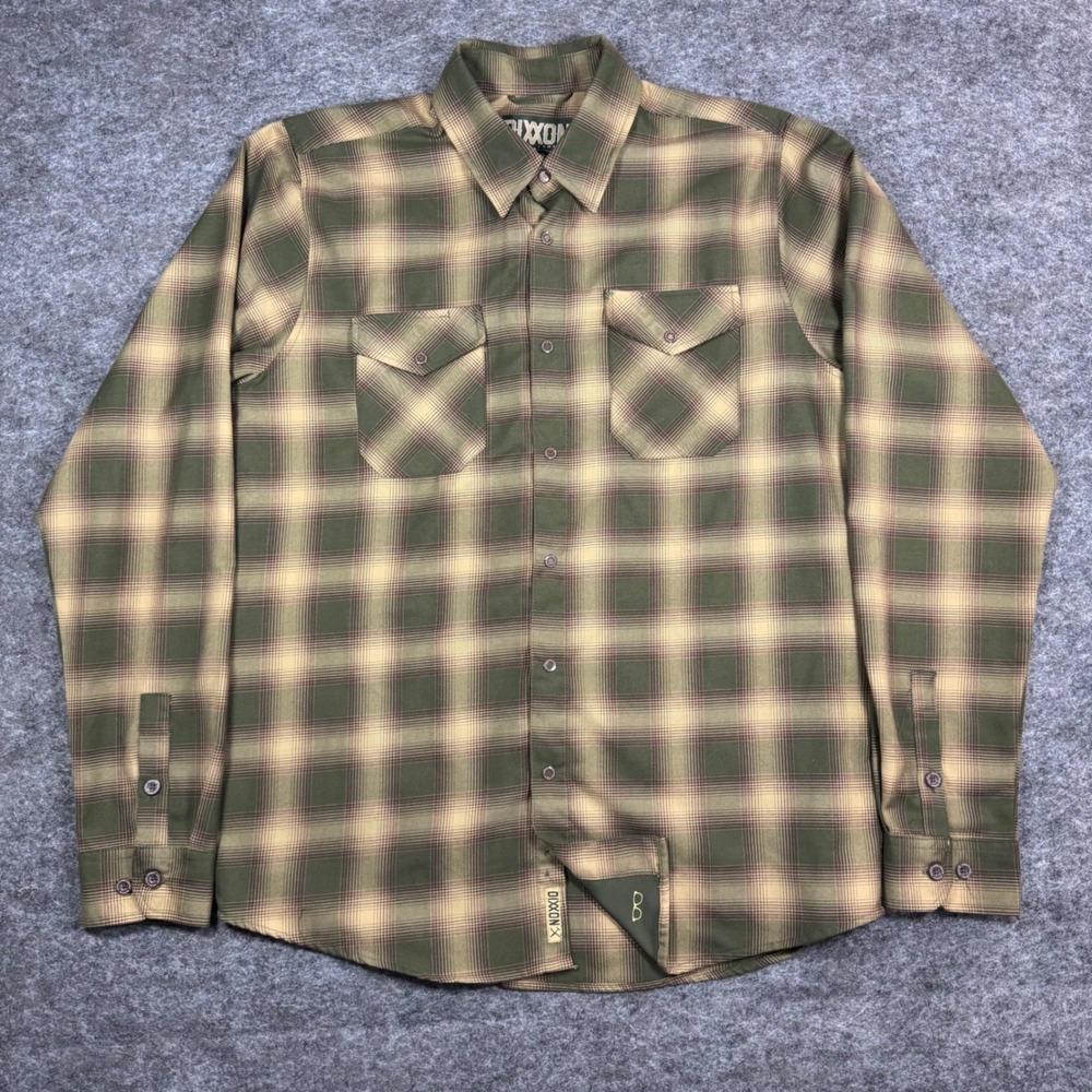 Dixxon Flannel Co Bunker D-Tech Plaid Shirt Mens L Green Tan Button Up